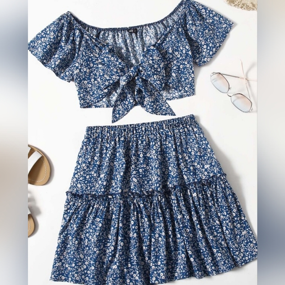 SHEIN Blue Floral Two-Piece Dress